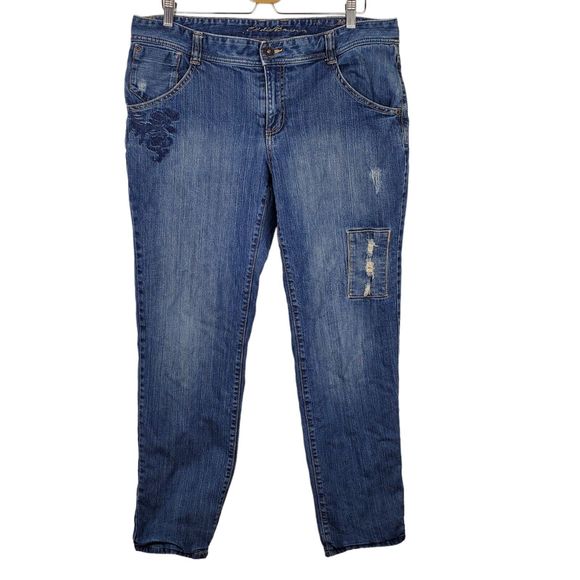 Eddie Bauer Boyfriend Relaxed Mid Rise Flannel Lined Blue Jeans Sz 14 - Picture 1 of 7